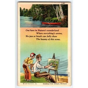 Artist Painting Canoe Linen Postcard Fishing Boat Greeting From Allegan Michigan